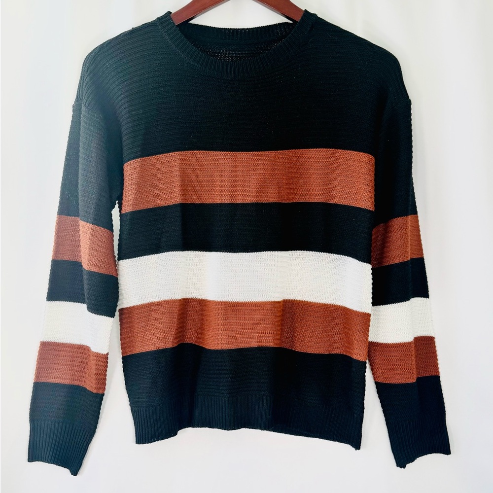 Vestidos Knit Sweater – Thick Stripes in Black, White & Rust Brown, Small
